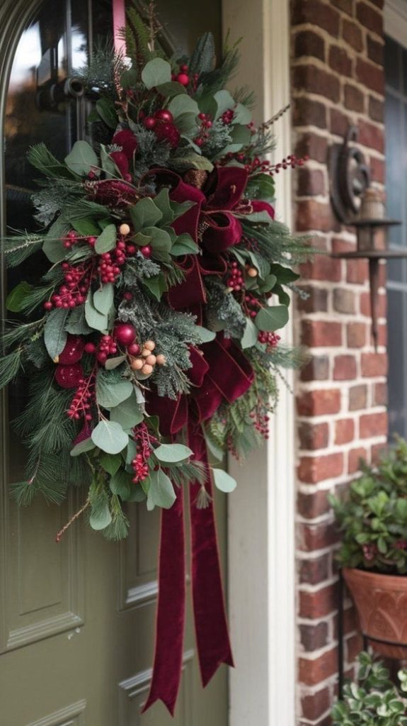 A festive wreath with red velvet ribbon, pine branches, berries, and eucalyptus hangs on a green front door of a brick house.